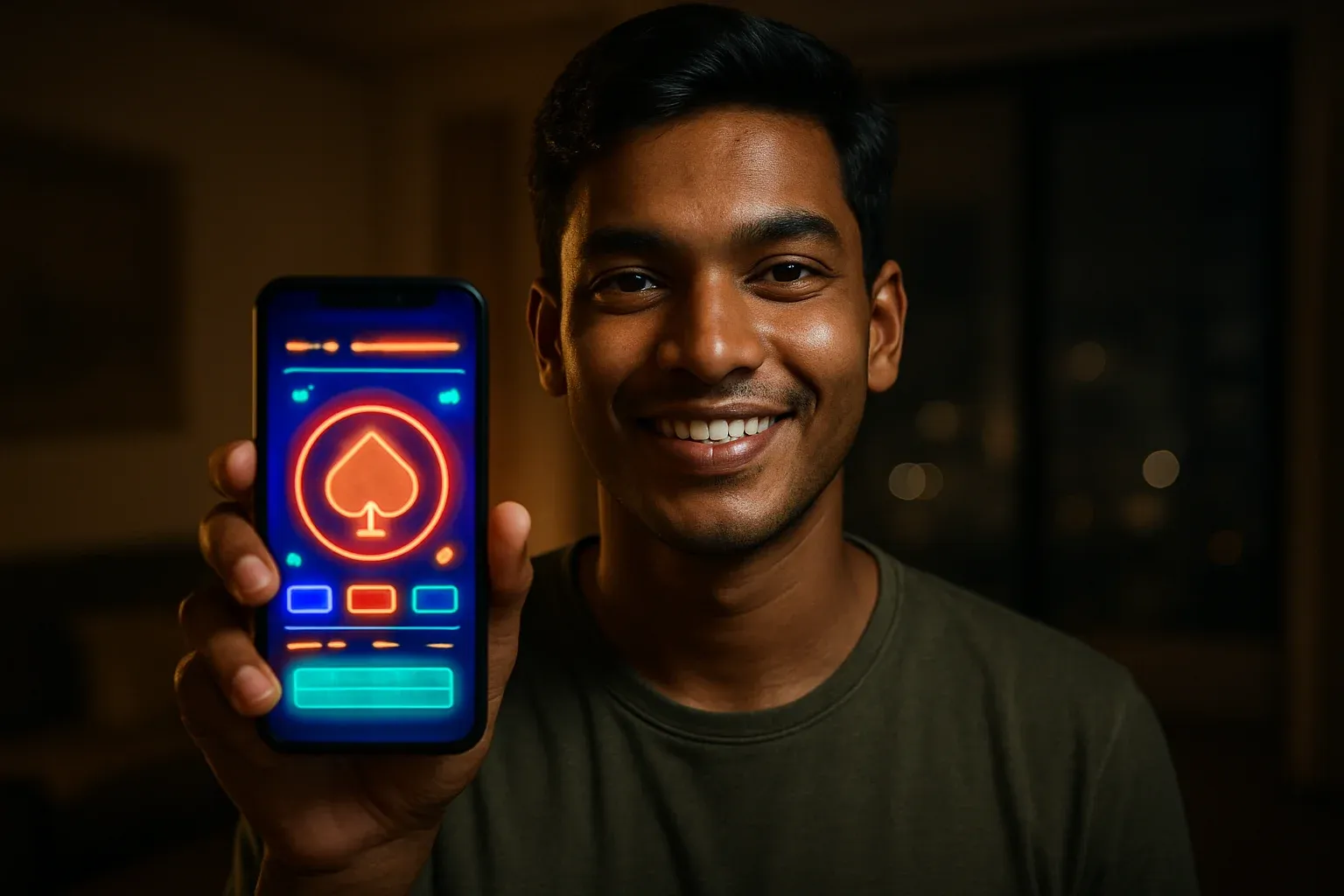 Young Bangladeshi man holding smartphone showing colorful mobile casino app interface