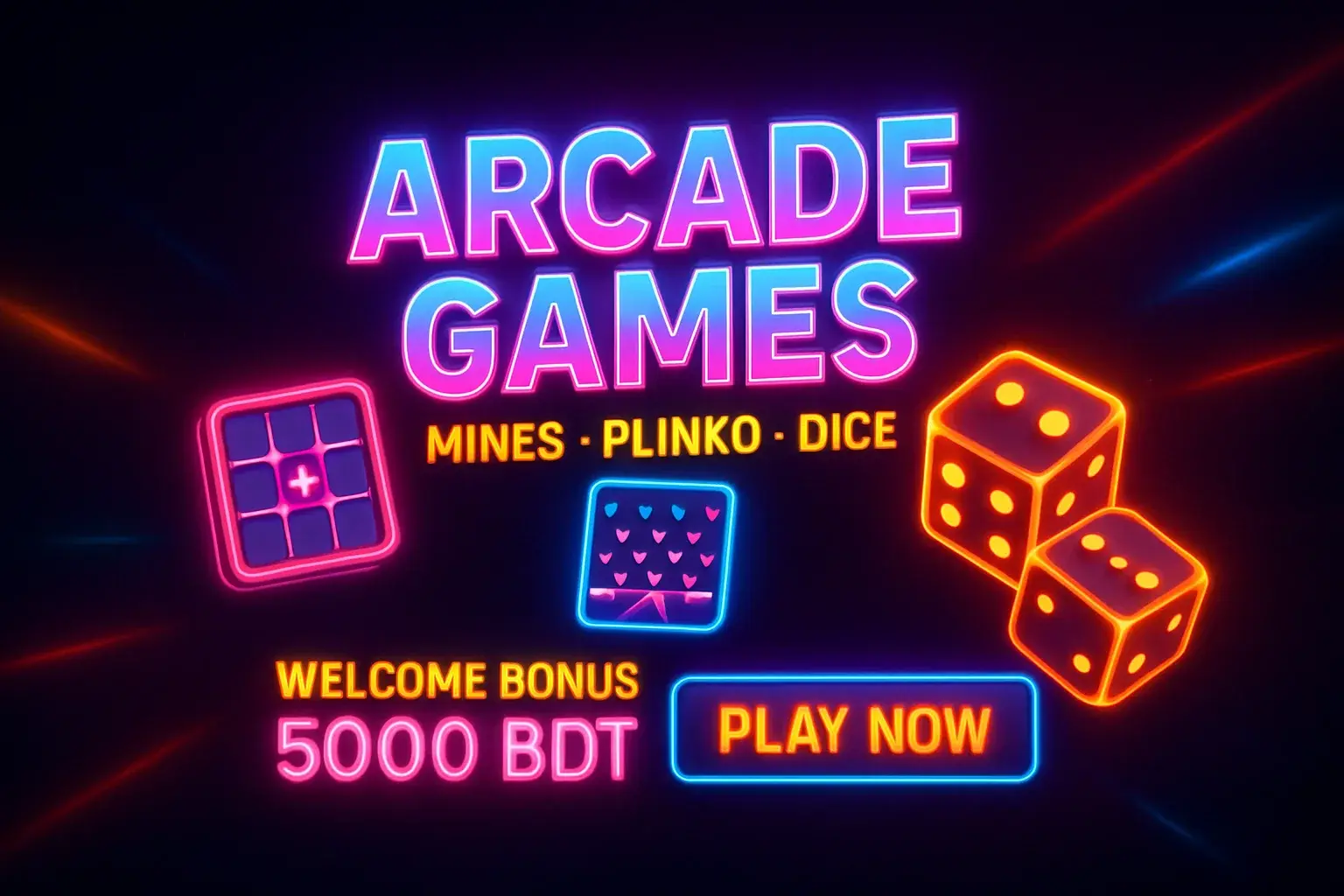 Neon arcade games banner with mines, plinko, dice, and play button