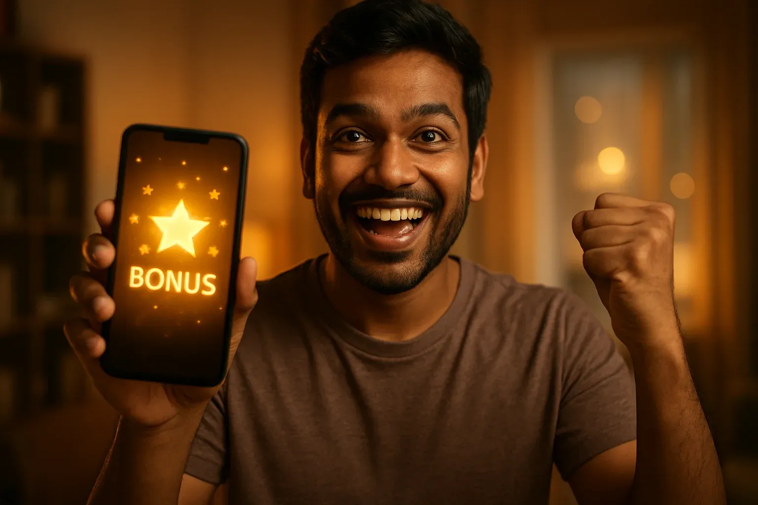 Joyful Bangladeshi man holding smartphone with glowing bonus notification