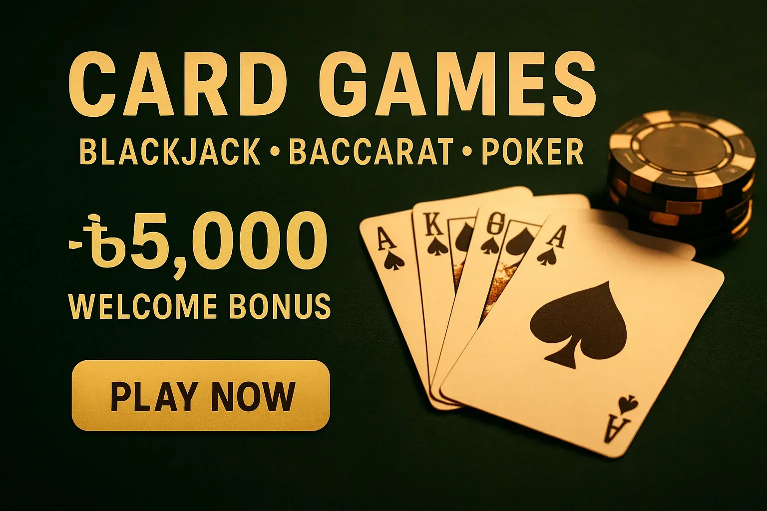Card games banner with playing cards, chips, and bonus offer