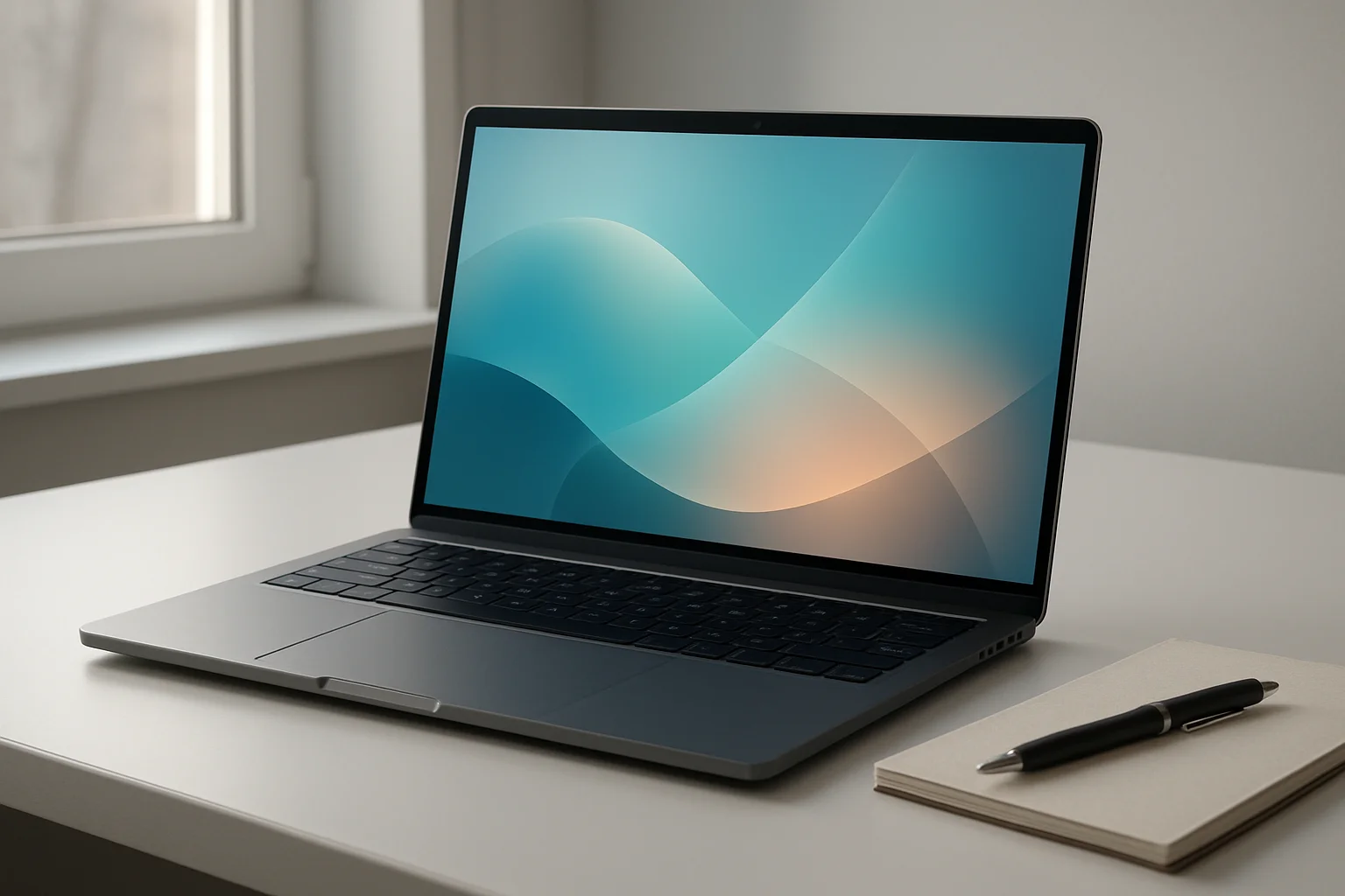Modern laptop on white desk with pen and notepad