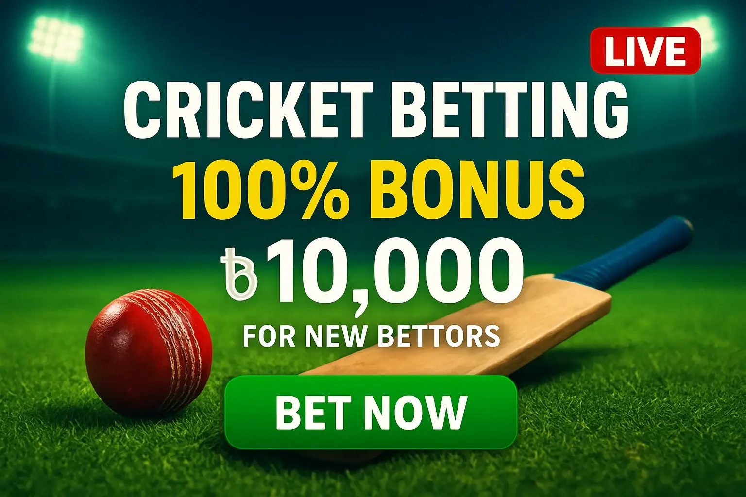 Cricket betting banner with stadium, bat, ball, bonus and CTA