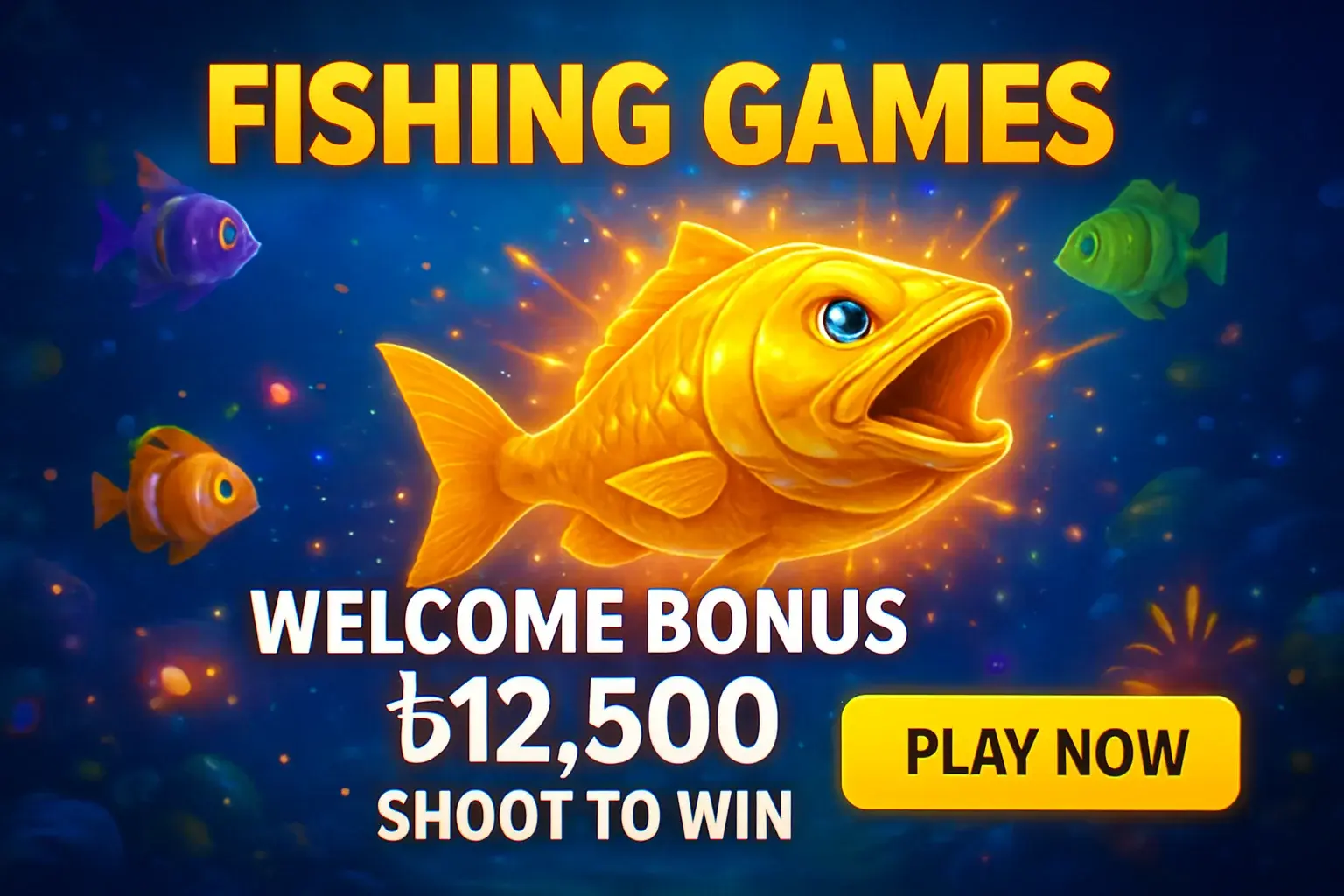Fishing arcade banner with golden boss fish, bonus offer, play button
