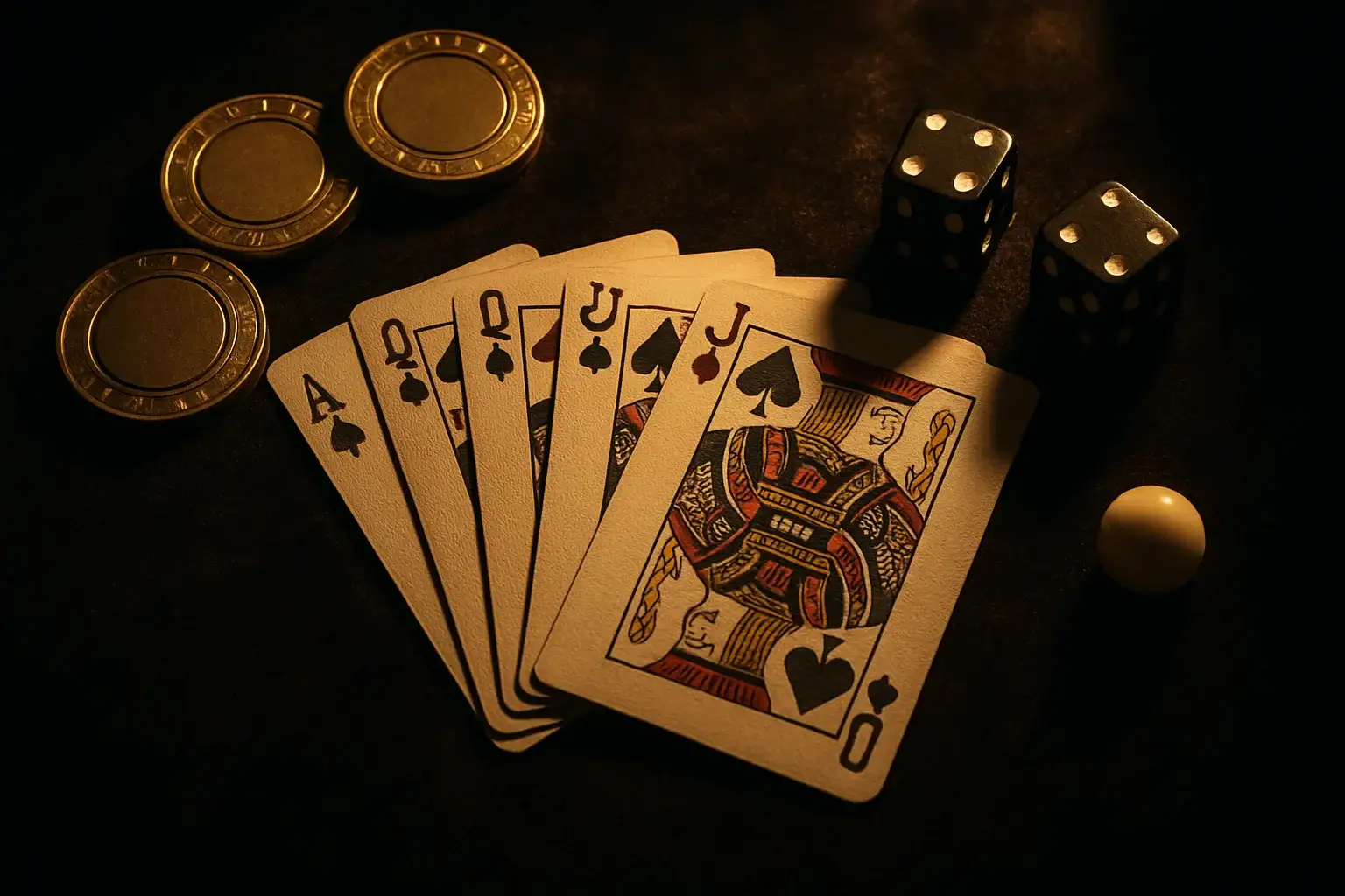 Top-down casino scene with chips, cards, dice, and roulette ball