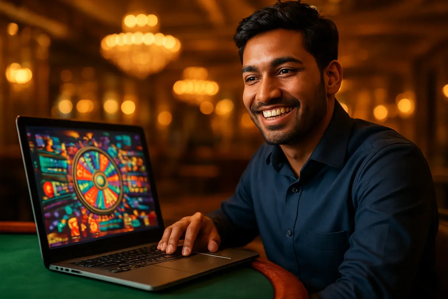 Cheerful Bangladeshi man with open laptop showing colorful casino interface