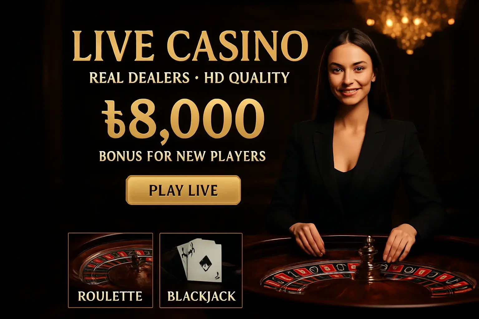 Live casino banner with female dealer, roulette, Bangladesh bonus offer