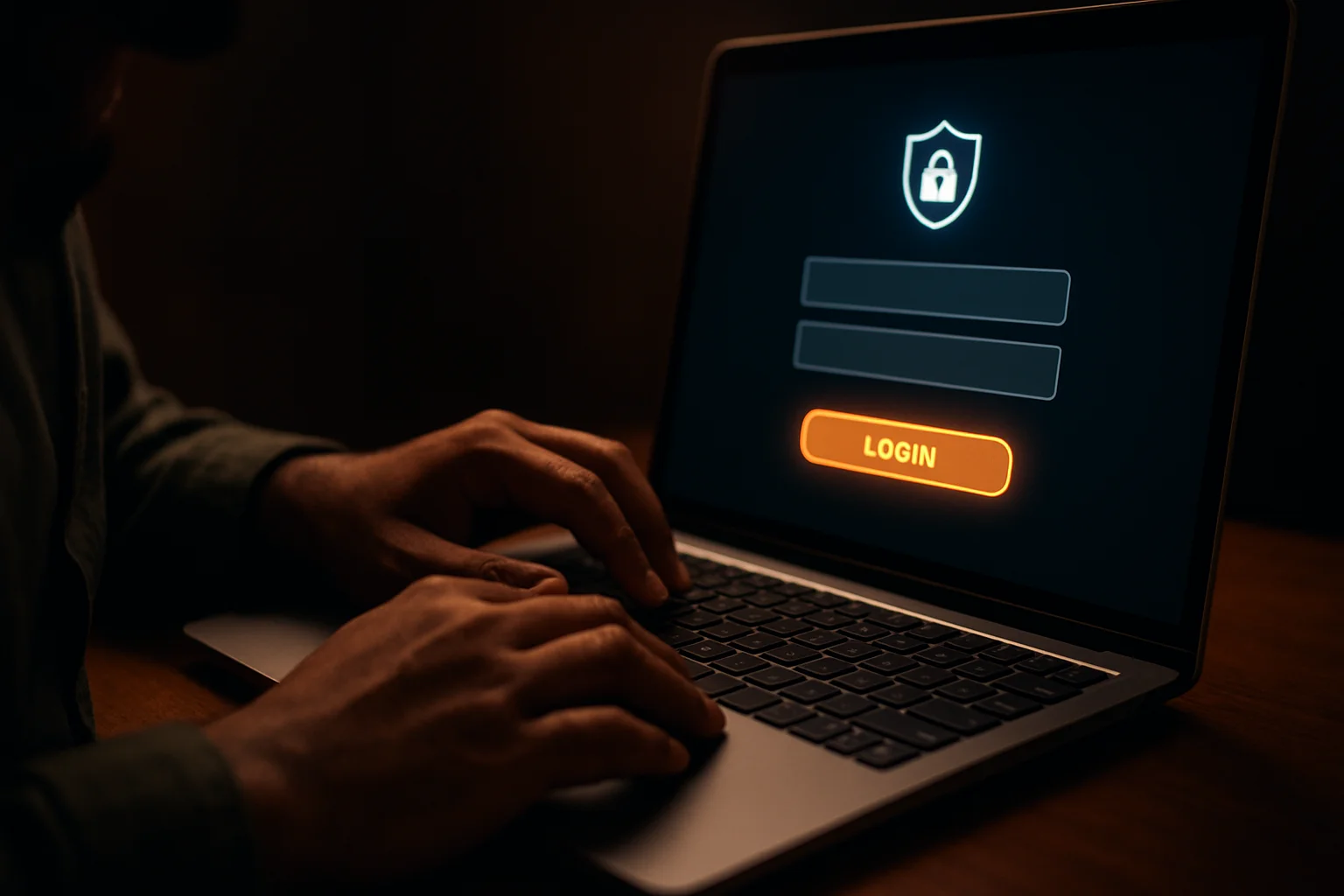 Bangladeshi man's hands on laptop showing stylized login form screen
