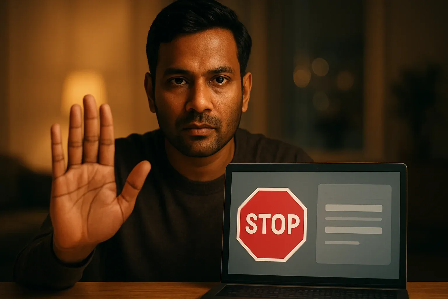 Bangladeshi man shows stop gesture beside laptop with responsible gambling screen