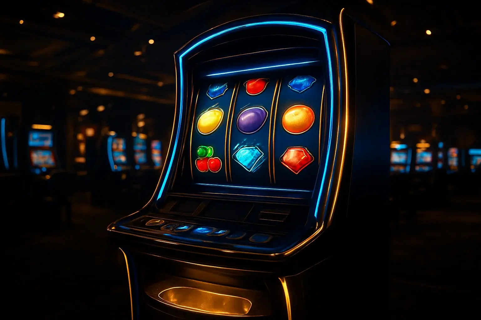 Hyperrealistic premium slot machine in dark luxury casino with glowing reels
